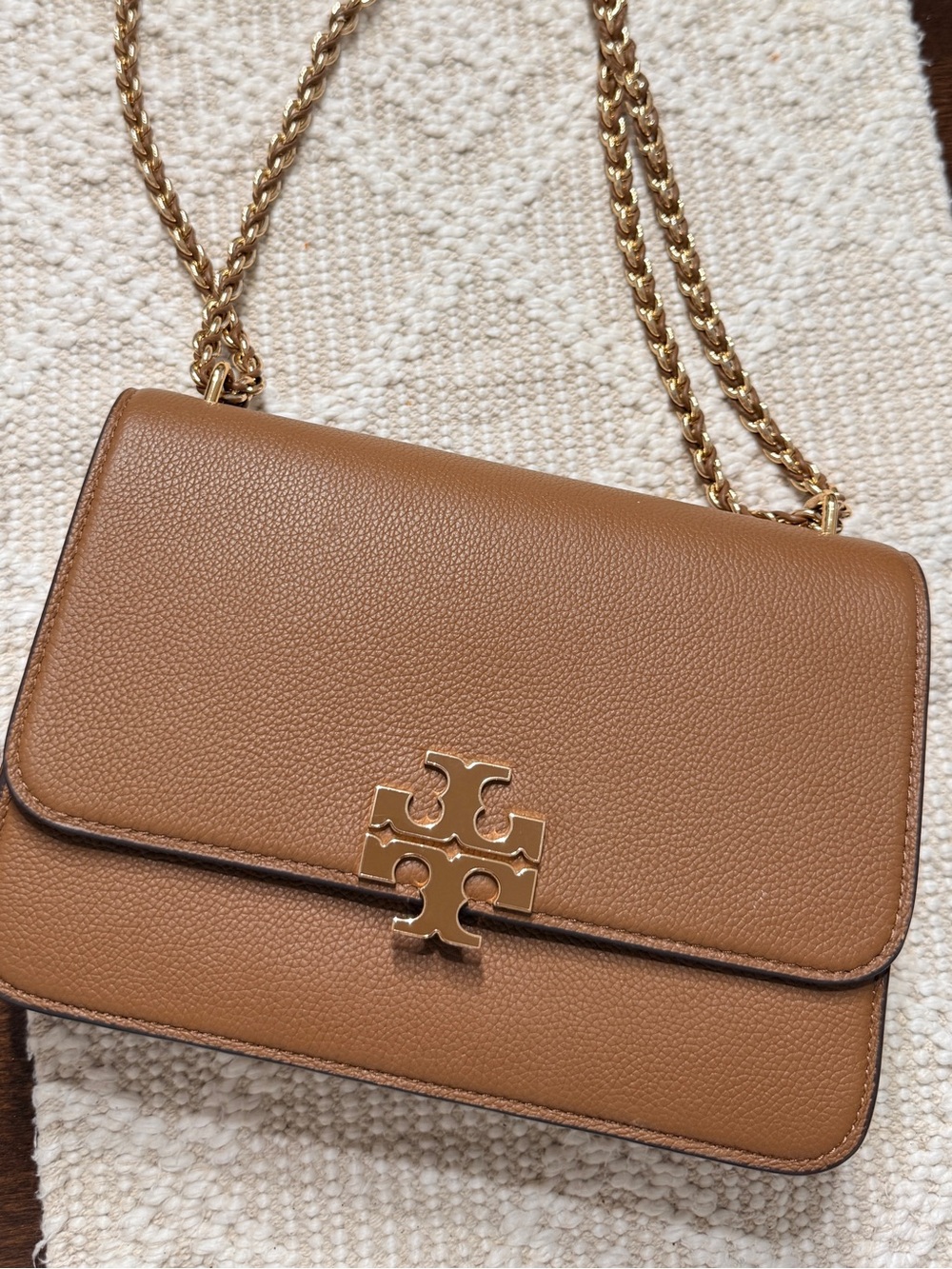 Tory Burch Tan Pebbled Leather Crossbody with Gold Logo Chain